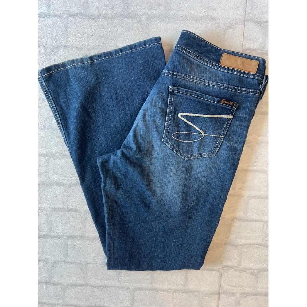 Seven7 Women Medium Wash Flare Jeans Embroidered Back Pockets Size 14 western